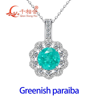 925 Sterling Silver 8mm Round YAG Paraiba Neon Blue/Greenish  Tourmaline Pendant Necklace, Flower Halo Moissanite Pendant Women