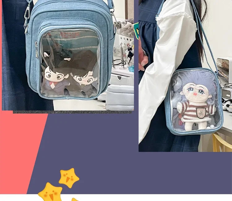 New Denim Ulzzang Ita Bags Female Transparent Badge Doll Show Crossbody Shoulder Bag Individuality Designer 2 Sides Bolso Mujer