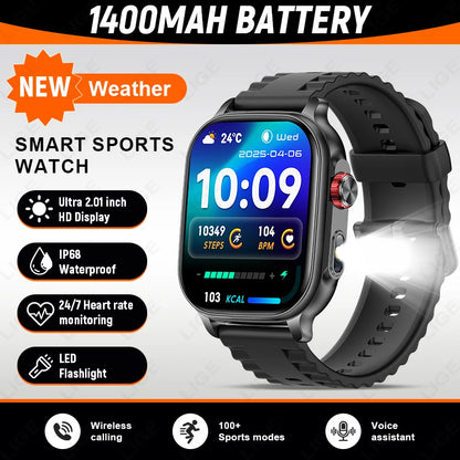LIGE Militray 1400mAh Large Battery Smart Watch For Men 2.01 inch HD Screen 100+Sports Mode Bluetooth Call Men Women Smartwatch