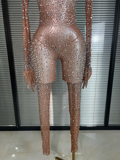 Women Sexy Crystal Sheer Blue Silver Skin Bodycon Jumpsuit Celebrity Designer Shinning Dancer Night Club Rompers Gloves