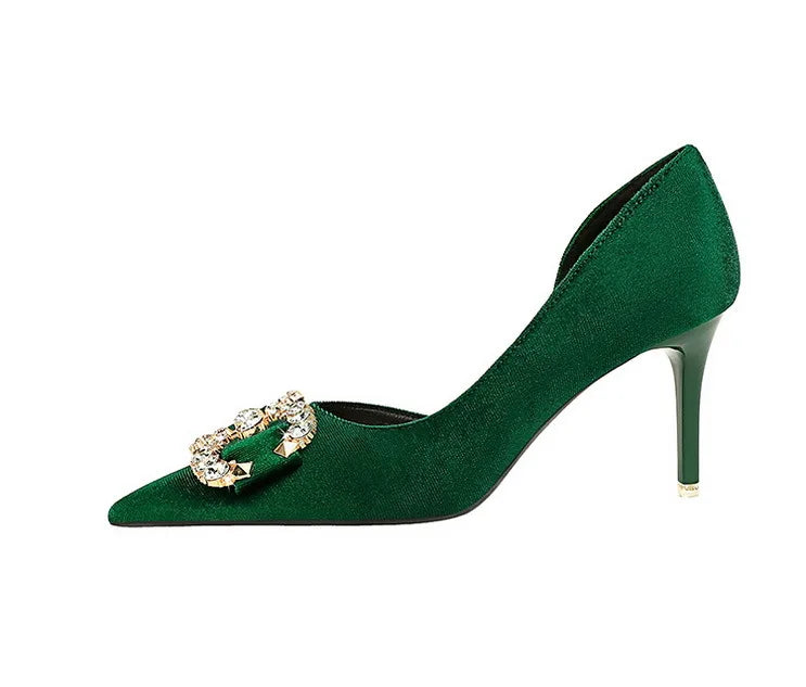 BIGTREE Party Pumps 7cm Thin High Heels Western Style Velvet Shallow Pointed Toe Side Hollow Crystal Pearl Bow Lady Shoes Pink