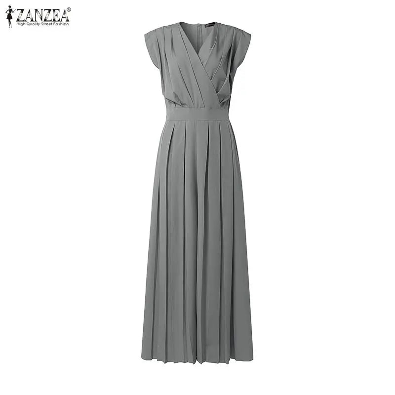 Women Street Fashion Minimalist Jumpsuits V-Neck Sleeveless Inverted Pleats Wide Leg Pant Overalls ZANZEA Commute Work Playsuits
