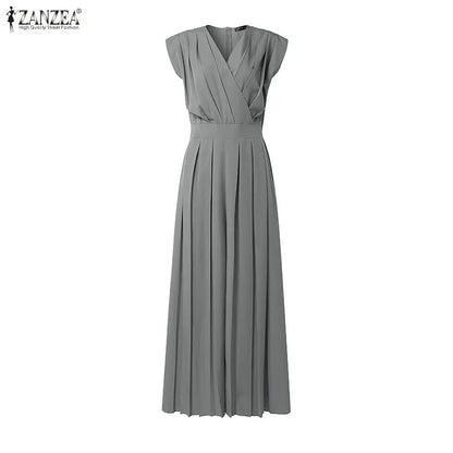 Women Street Fashion Minimalist Jumpsuits V-Neck Sleeveless Inverted Pleats Wide Leg Pant Overalls ZANZEA Commute Work Playsuits