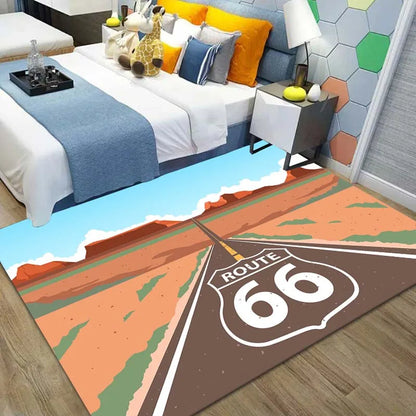 Route 66 Motorcycle Pattern Print Flannel Area Rug Americana Theme Soft Comfortable Floor Mat For Living Room Bedroom