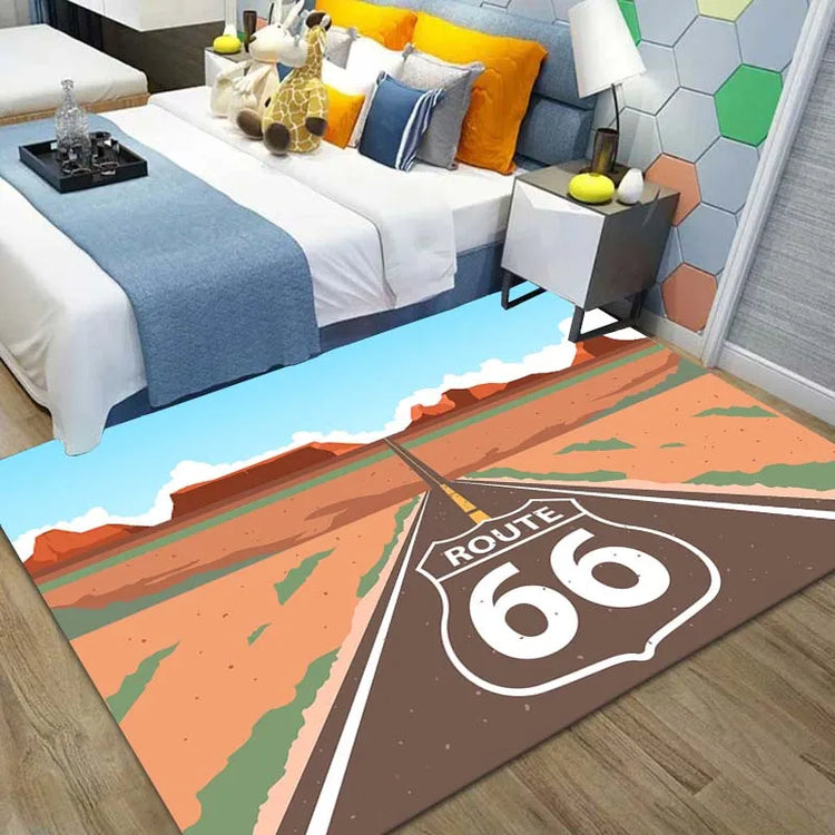 Route 66 Motorcycle Pattern Print Flannel Area Rug Americana Theme Soft Comfortable Floor Mat For Living Room Bedroom
