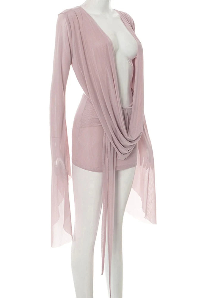 Kricessseen Women's Sexy Mesh Bodycon Mini Dress New Ladies Long Sleeve Deep V Ruched Sheer Pink Clubwear Party Dress