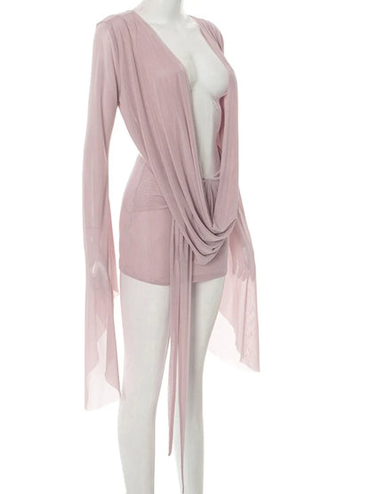 Kricessseen Women's Sexy Mesh Bodycon Mini Dress New Ladies Long Sleeve Deep V Ruched Sheer Pink Clubwear Party Dress