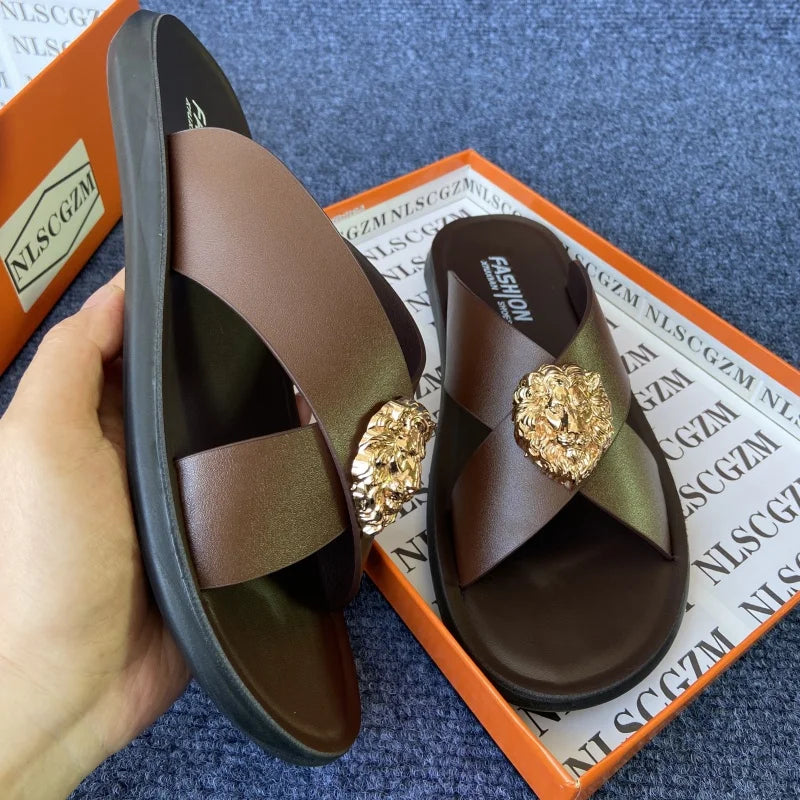 size38-48 original shoes brand summer leather slides for man black brown fashion shoes for mens slippers business beach slippers