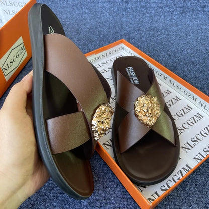 size38-48 original shoes brand summer leather slides for man black brown fashion shoes for mens slippers business beach slippers
