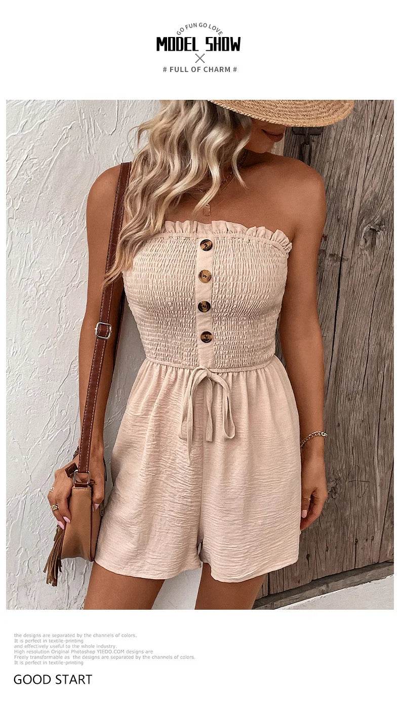 Summer Leisure Vacation, European and American Solid Color High Waist Design, Strapless Jumpsuit Shorts