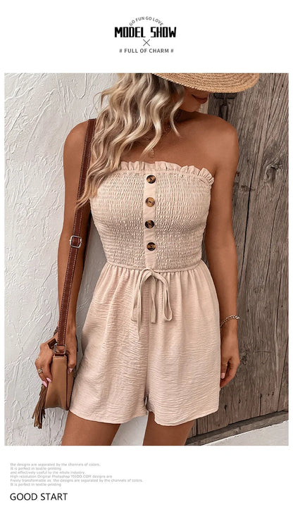 Summer Leisure Vacation, European and American Solid Color High Waist Design, Strapless Jumpsuit Shorts