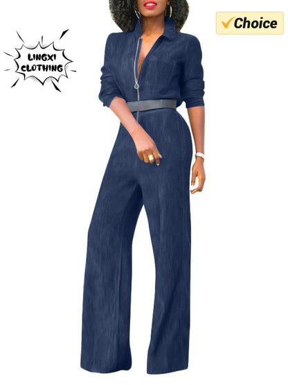 2024 Spring New Women's Jumpsuit Street Style Retro Washed Denim Fabric Lapel Half Open Long Sleeved Women's Jumpsuit