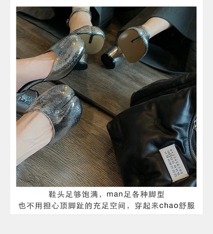 Modern Heels Pumps Women Round High Heel Leather Square Split Toe Pumps Shoes Spring Summer Sandals Mary Janes Shoes Heels Women