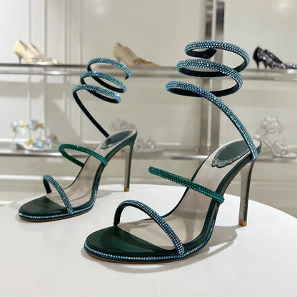 Summer Crystal Gladiator Sandals Women Rhinestone Twine Around Ankle Snake Wedding Shoes High Heels Sandals Woman