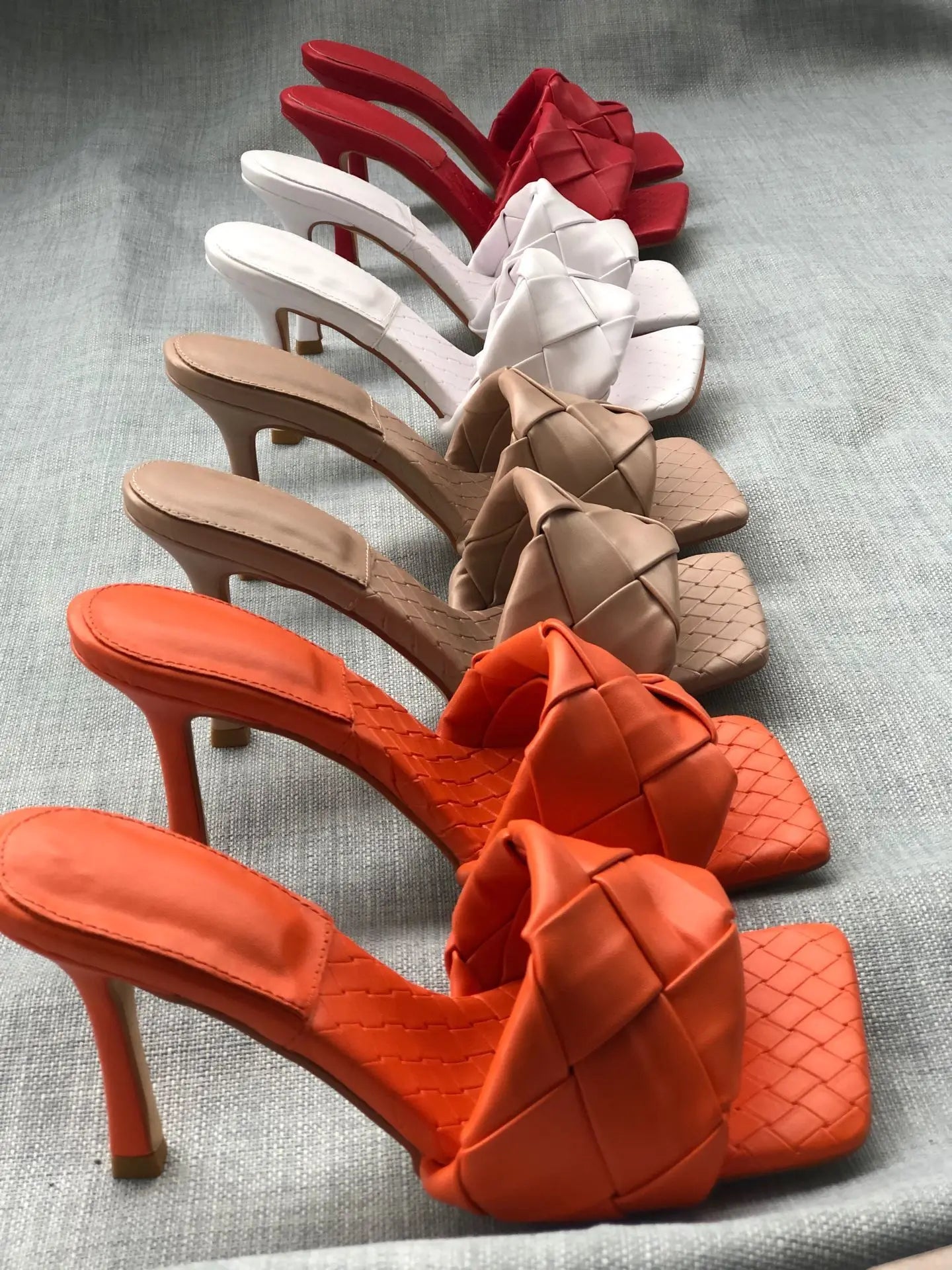 New 2026 Summer Fashion Women's Slippers PU Leather Square Toe Sandals for Women Fluorescent Yellow Fine Heel Ladies High Heels