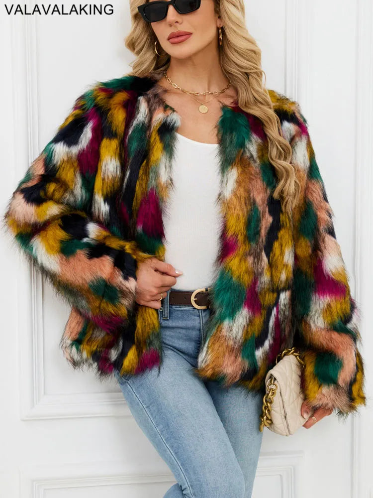 2026 Autumn Winter Color Print Faux Fur Coat Women Casual Long Sleeve Fluffy Plush Jacket O Neck Thick Fake Fur Warm Outwear