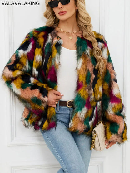 2026 Autumn Winter Color Print Faux Fur Coat Women Casual Long Sleeve Fluffy Plush Jacket O Neck Thick Fake Fur Warm Outwear