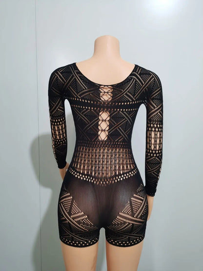 HBLL Sexy Sheer Mesh Playsuit Women Rompers Long Sleeve Hollow Out Skinny Night Club Outfit One Pieces Jumpsuit Shorts Bodysuit