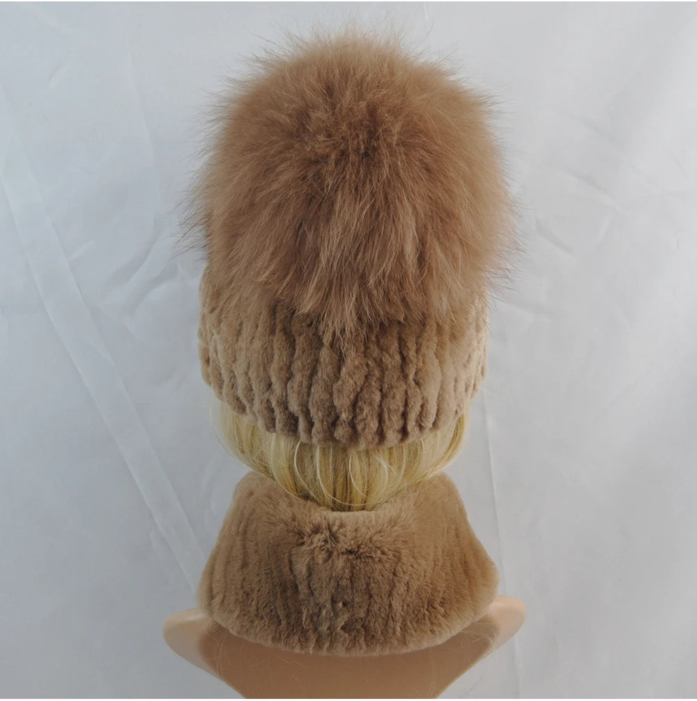 New Winter Lady Brand Hand Make Real Genuine Fox Fur Hat Scarf Girls Natural Real Rex Rabbit Fur Ring Cap Real Fur Scarves Hats
