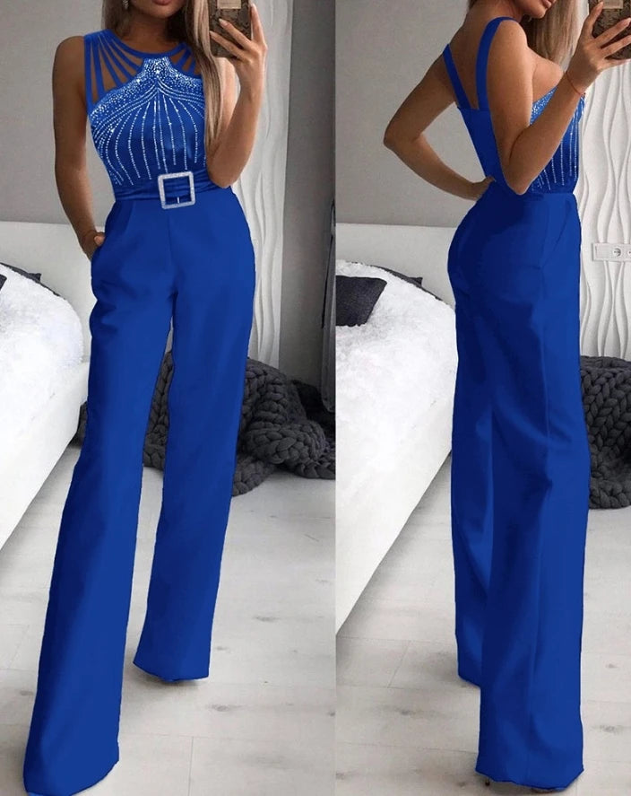 Elegant Women's Jumpsuit 2022 Autumn Fashion Contrast Mesh Long Sleeve Plain V-Neck Party Long Jumpsuit