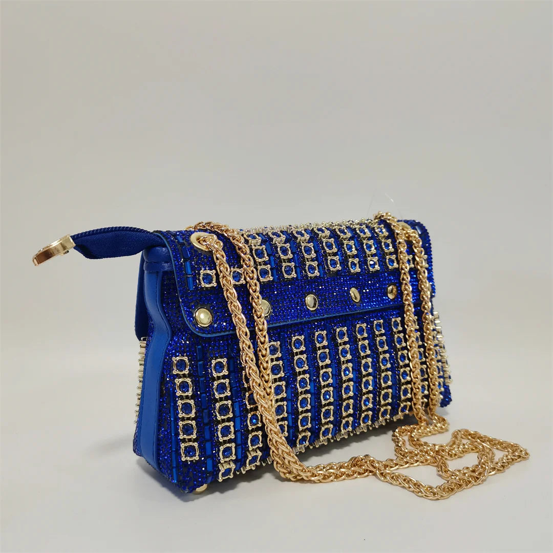 Hot Selling Blue Mid Heel Women Crystal Design Sandal with Rhinestone Bag Set For Lady Party Rhinestone Sandal Shoes F1207-3