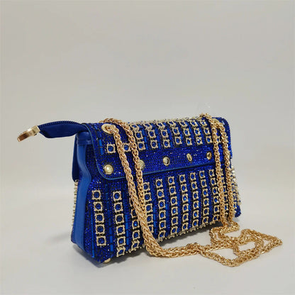 Hot Selling Blue Mid Heel Women Crystal Design Sandal with Rhinestone Bag Set For Lady Party Rhinestone Sandal Shoes F1207-3