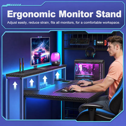 Computer Desk With Drawer, Office Desk With Printer Storage Shelves & File Cabinet, Gaming Desk With LED & Power Outlet, Study Table With Monitor Shelf For Home Office Dorm BedRoom Rustic Brown