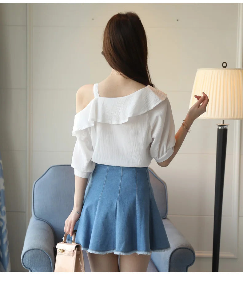 Women's Shirt Tops One-Shoulder Ruffles Short-sleeved Chiffon Blouse