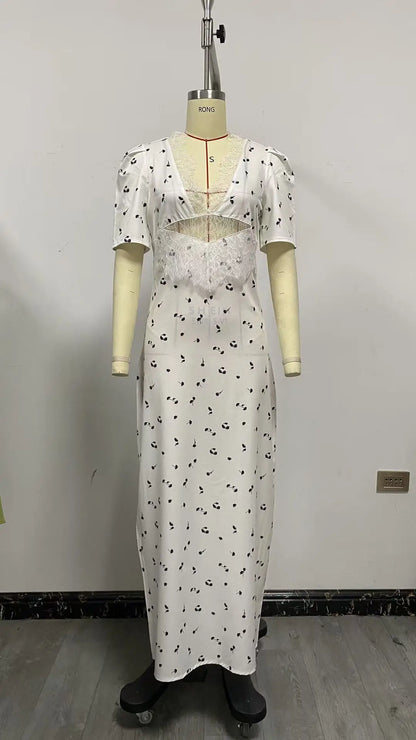 Polka Dot Backless Sexy Maxi Dress Women Gown Elegant Patchwork Lace Hollow out Deep V Neck Sleeveless Bodycon Club Party Dress