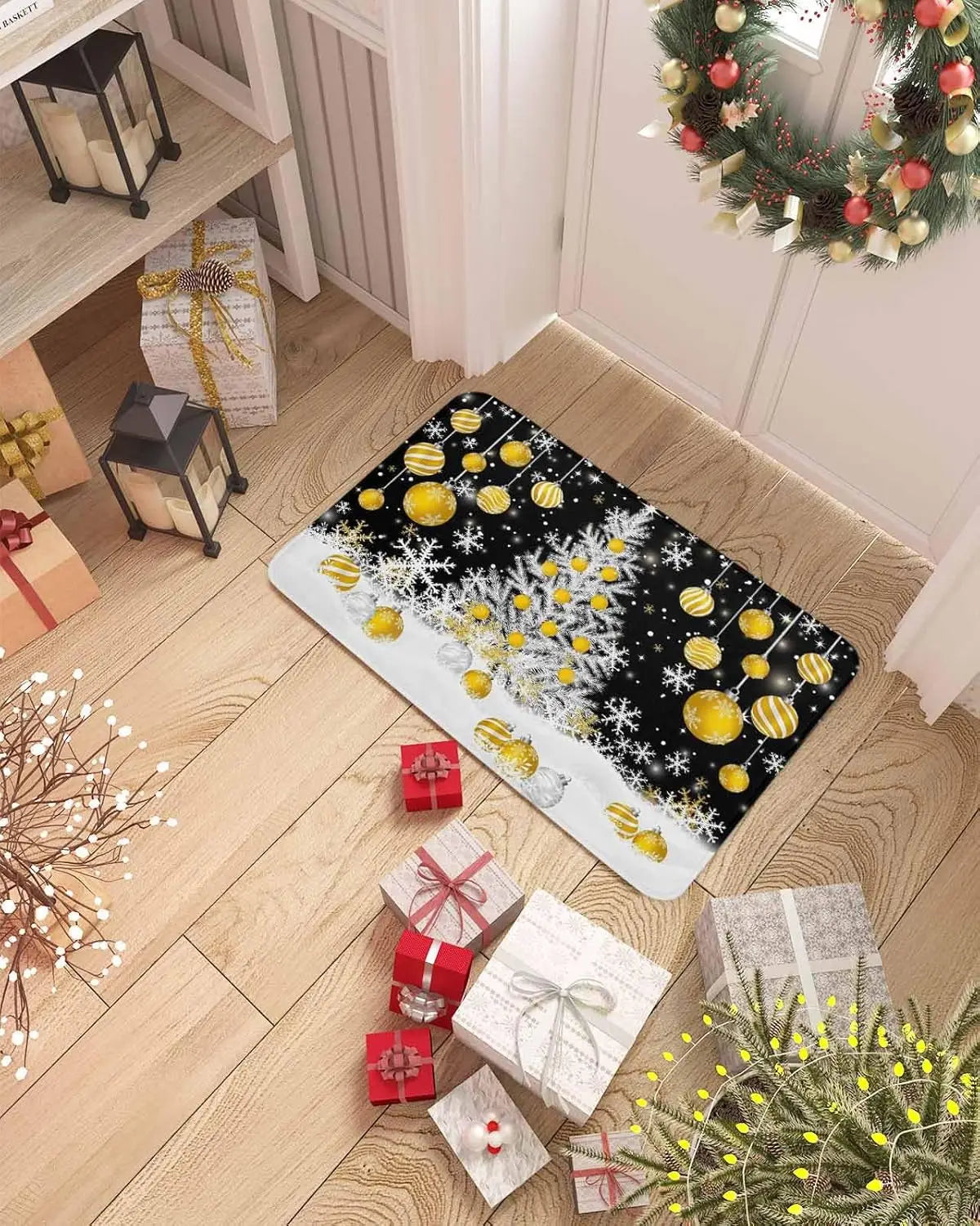 Merry Christmas Tree Snowflake Ball Navy Blue Non-slip Door Mat  Entrance Welcome Mat Balcony Hallway Rugs Christmas Decorations