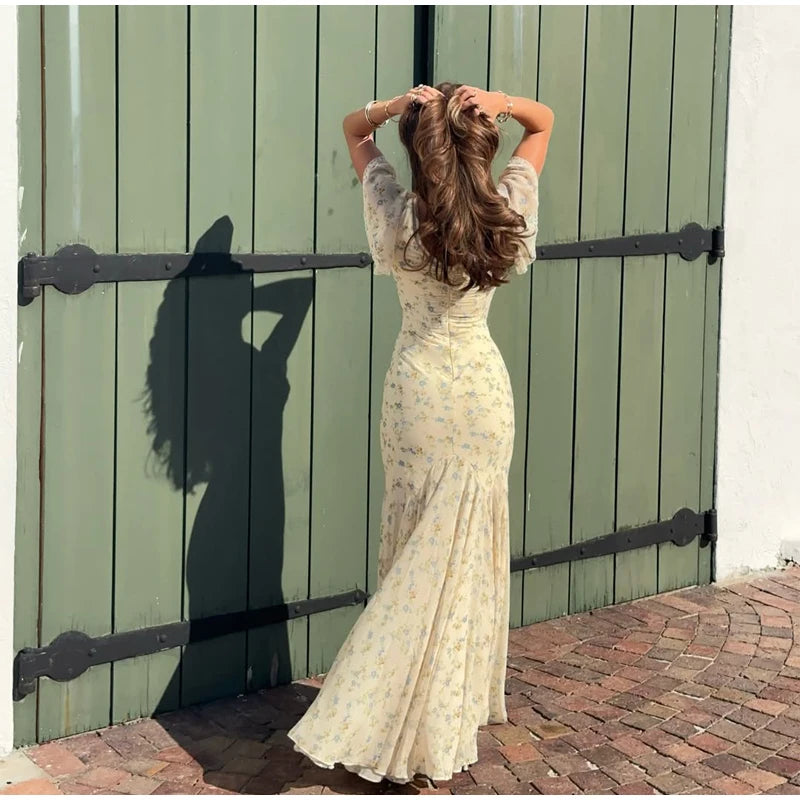 Fashion V-neck Floral Women Maxi Dress Flutter Sleeve Lace Trim High Waist Chiffon Vestidos Summer Female Daily Vacation Dresses