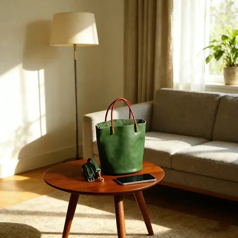 Luxury Leather Green Bucket Bag Retro Metal Handle Large Capacity Tote Bag Fashionable Casual Solid Color Shoulder Bag