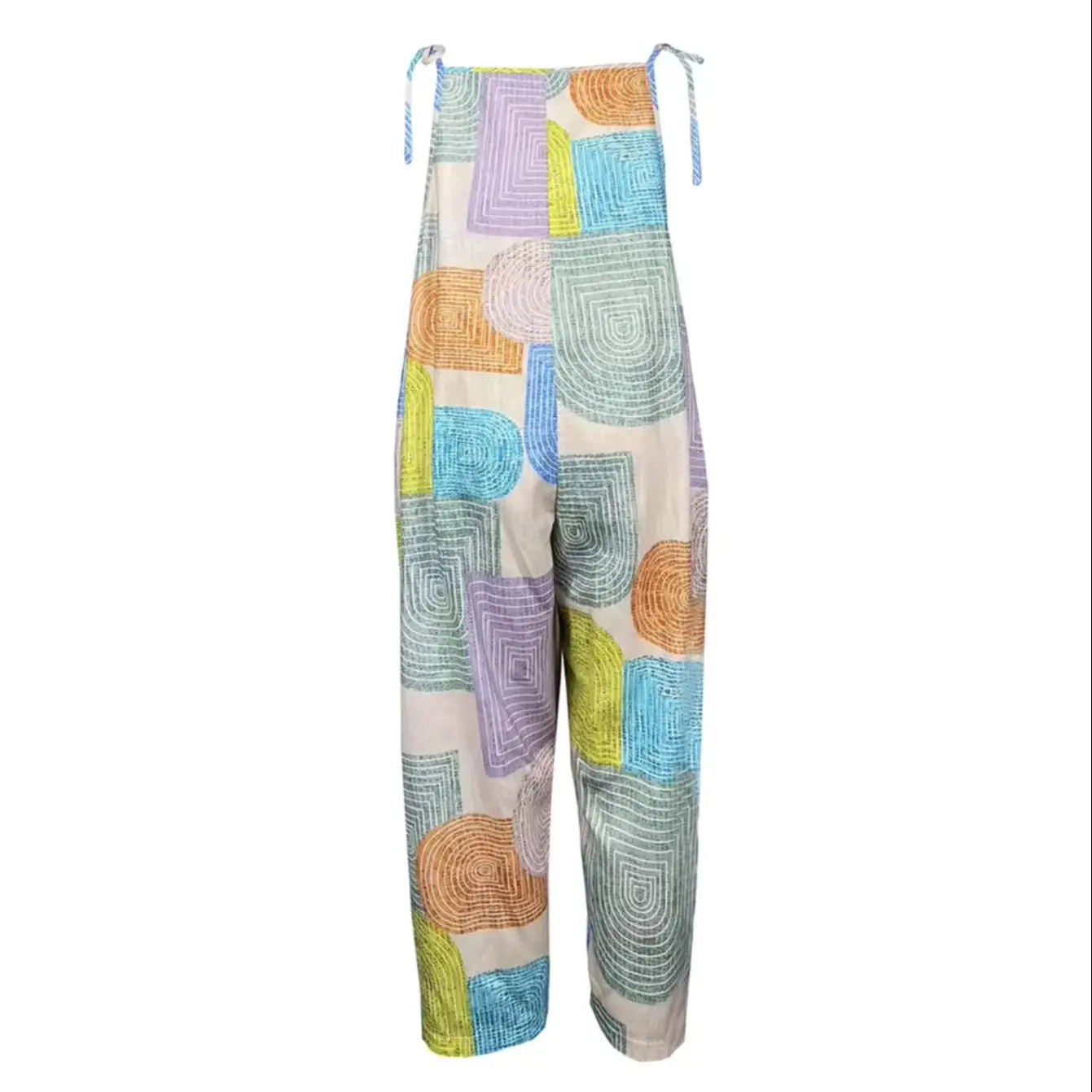 2026 Summer Women's Sleeveless Jumpsuit – Color Block Geometric Print, Spaghetti Strap, Wide-Leg Loose Vacation Romper
