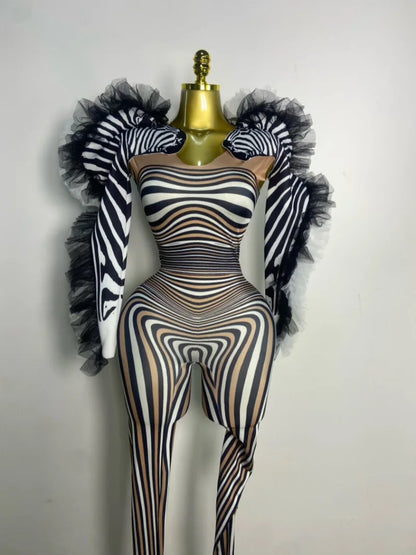 Women Long Sleeve Zebra Stripes Bodycon Jumpsuit Two Piece Set Birthday Party Nightclub Stage Performance Halloween Rompers
