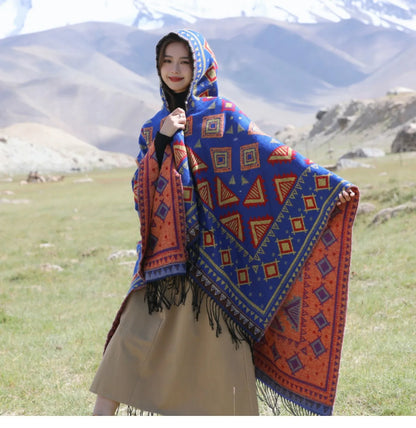 GypsyLady Bohemian Vintage Chic Cloaks Capes Hooded Blue Women Autumn Warm Knitted Ethnic Capes Tassels Cloak Poncho Outwear New