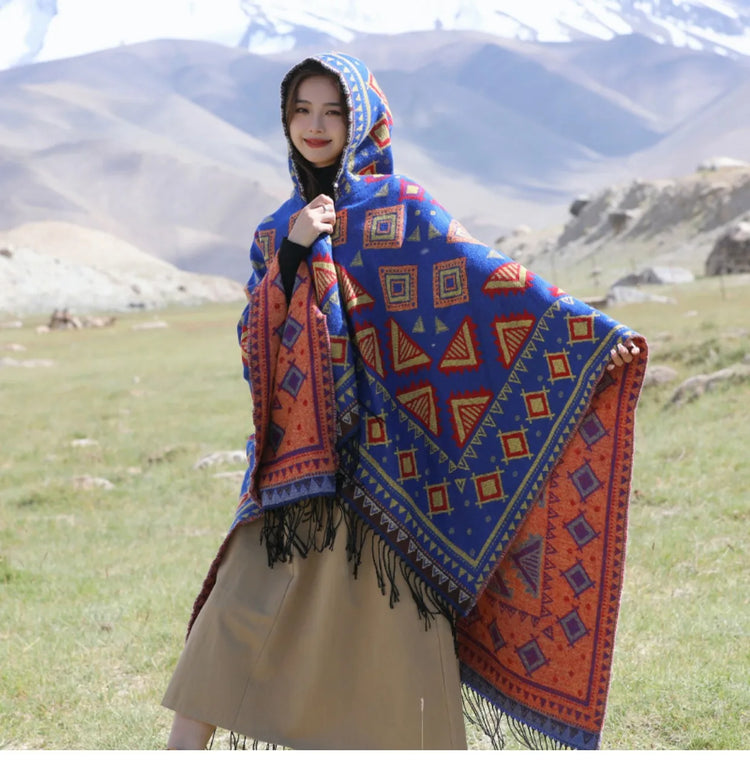 GypsyLady Bohemian Vintage Chic Cloaks Capes Hooded Blue Women Autumn Warm Knitted Ethnic Capes Tassels Cloak Poncho Outwear New