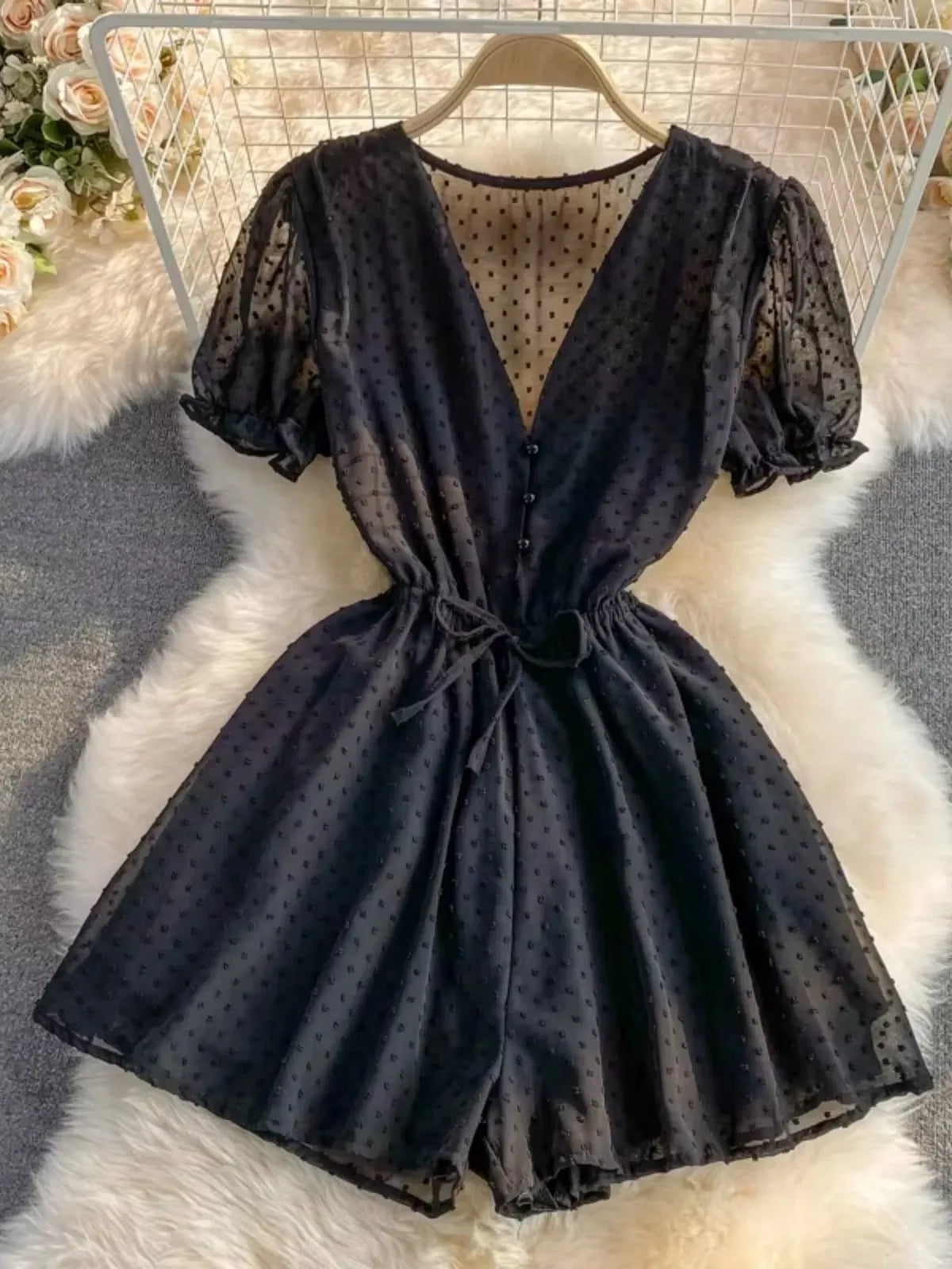 2025 Summer Women Playsuit Polka Dot See Through Thin Beach Rompers Sexy V-neck Short Sleeve Drawstring Sash Slim Waist Overalls