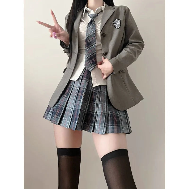 JK Uniform Suit Plaid Skirt Suit Slim Girl Pure Desire Pink Summer School Sister Battle Robe Tight School Uniform