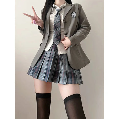 JK Uniform Suit Plaid Skirt Suit Slim Girl Pure Desire Pink Summer School Sister Battle Robe Tight School Uniform