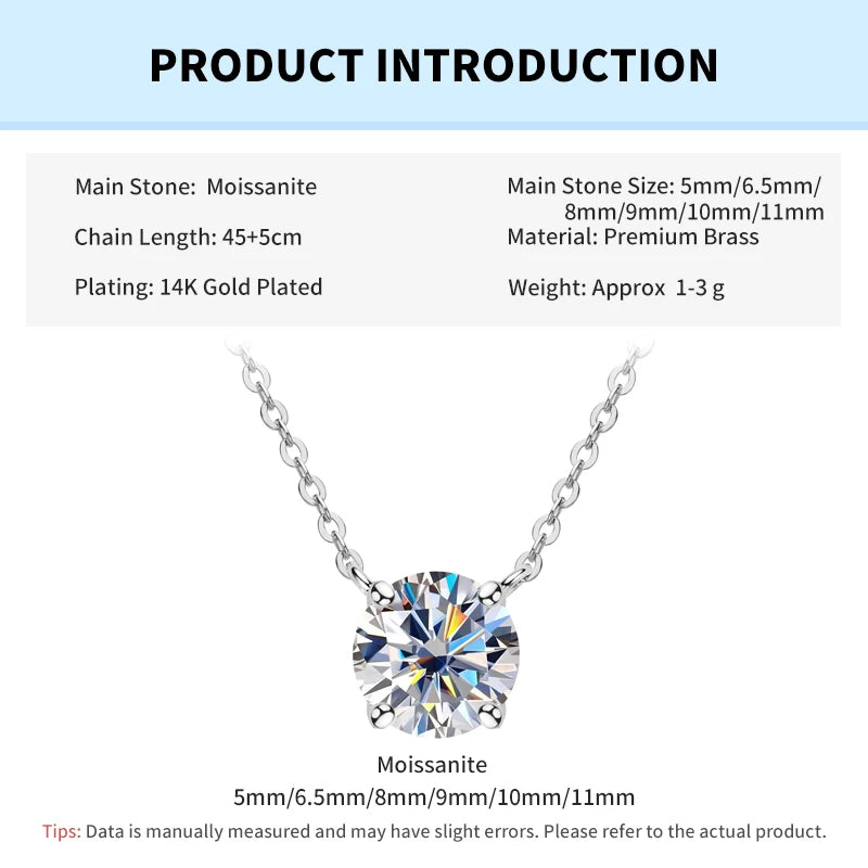 Rrjzz 0.5-5CT Moissanite Pendant Necklace for Women Solitaire D Color Round Cut Lab Imitation Diamond GRA Certified Necklaces