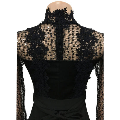 HBLL Women Sequin Lace Jumpsuit Elegant Long Sleeve Wide Leg Pants Sexy See Through Evening Party Outfits Jumpsuits With Belt