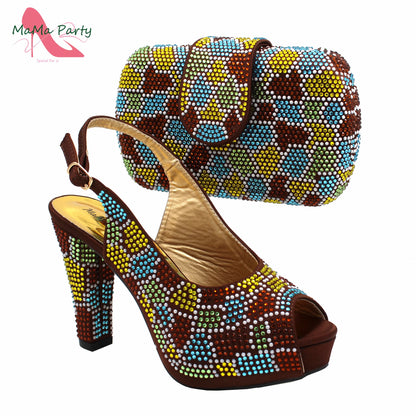 2024 Special Design Wine Color High Quality Square Heels Sandal Italian New Shoes and Bag Set for Wedding