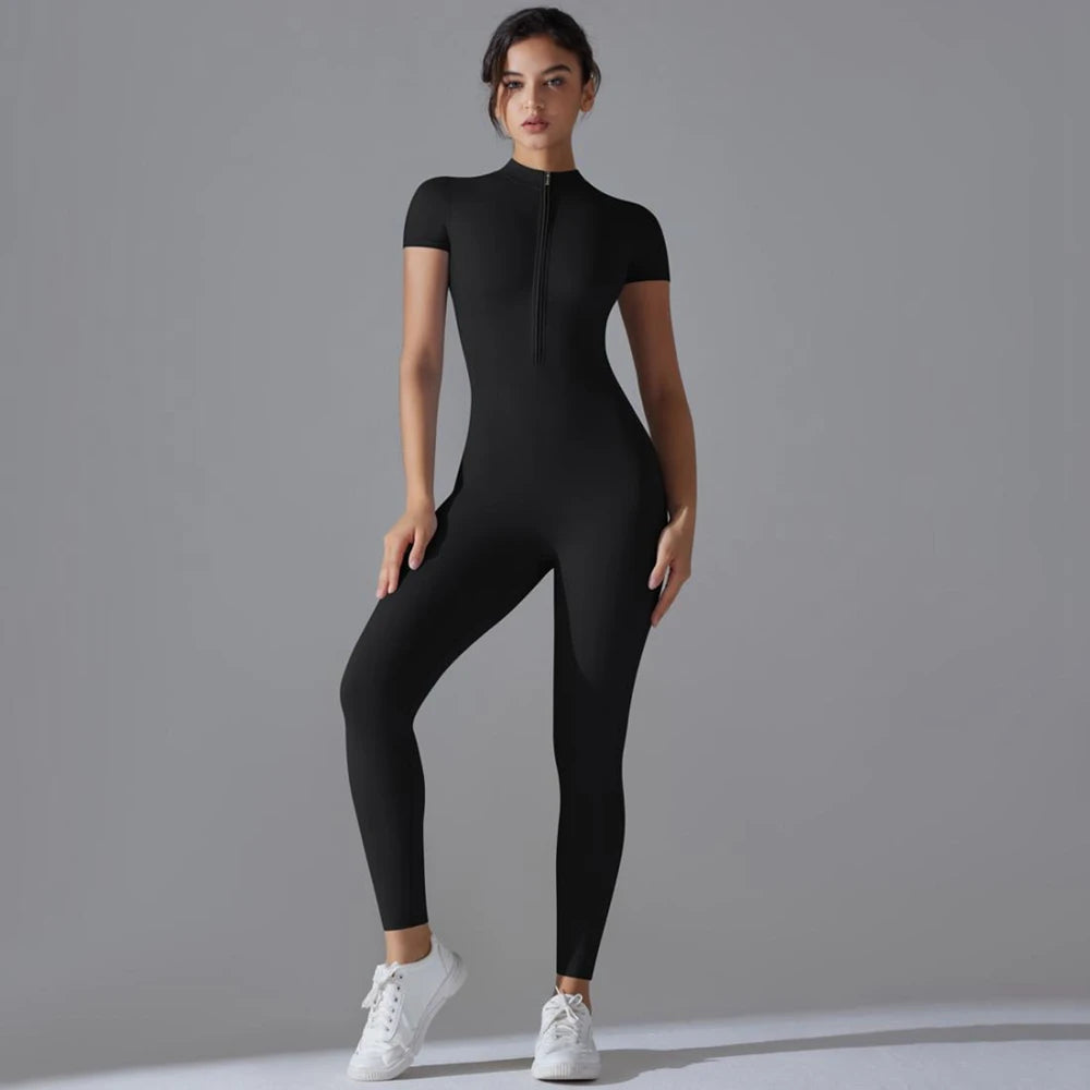Womens Jumpsuits Short Sleeve Yoga Slim Fit Stretch One Piece Romper Sexy Fitness Female Basic Sportwears Black Zipper Ladies