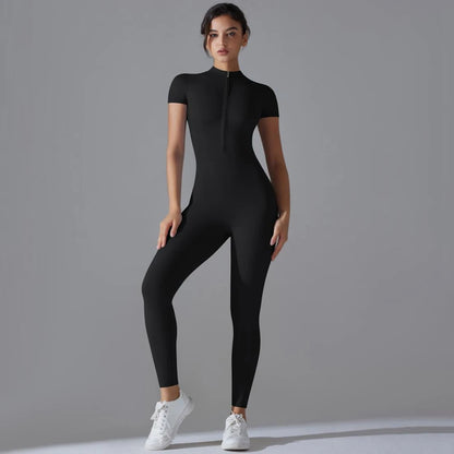 Womens Jumpsuits Short Sleeve Yoga Slim Fit Stretch One Piece Romper Sexy Fitness Female Basic Sportwears Black Zipper Ladies