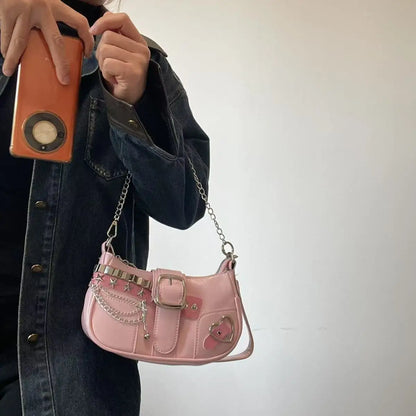 Fashion Hot Girls Square Shoulder Bags Retro Rivet Star Women's Underarm Bag Sweet Pu Leather Female Chain Handbags Pink Purse