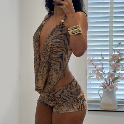 SUCHCUTE Woman Leopard Print 2 Piece Set Outfit Halter Deep V-neck Backless Crop Top & Low-Rise Shorts Sexy 2pcs Summer Clothes