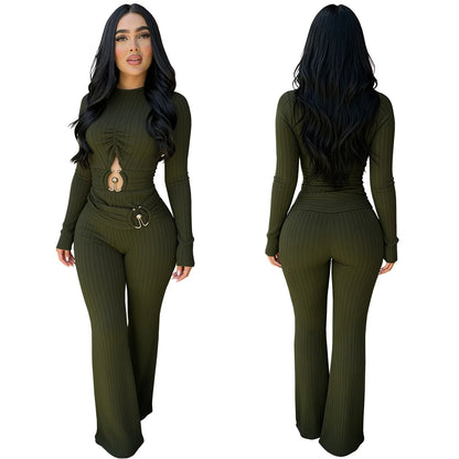 Solid Women Jumpsuits For Spring Autumn Long Sleeve O-Neck Loose Fashion Streetwear Hollowed Out Overalls Pants Trousers 2026