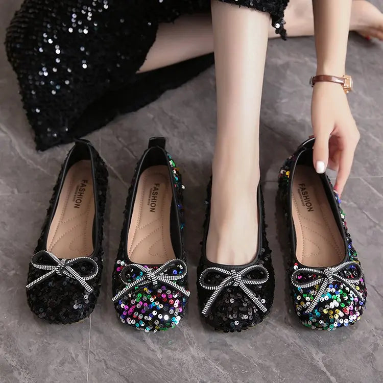 2026 Women Bling Flats Shoes Casual Walking Shoes Spring New Round Toe Bowtie Female Fashion Brand Dress Zapatillas Mujer