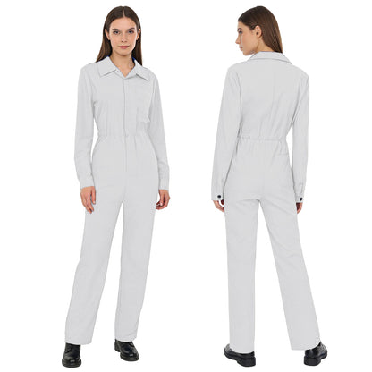Womens Fashion Work Coverall Rompers Casual Solid Color Turn-Down Collar Long Sleeve Button Jumpsuit Travel Holiday Cargo Pants
