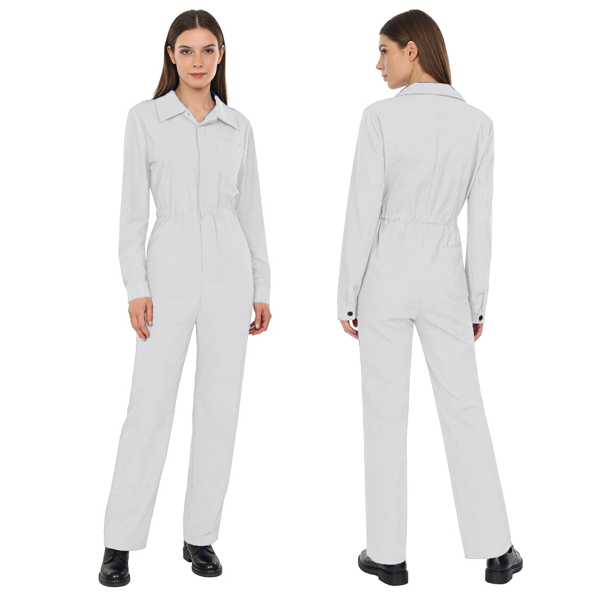 Womens Solid Color Long Sleeve Coveralls Turn Down Collar Button Down Straight Leg Jumpsuit Casual Daily Wear Rompers Workwear